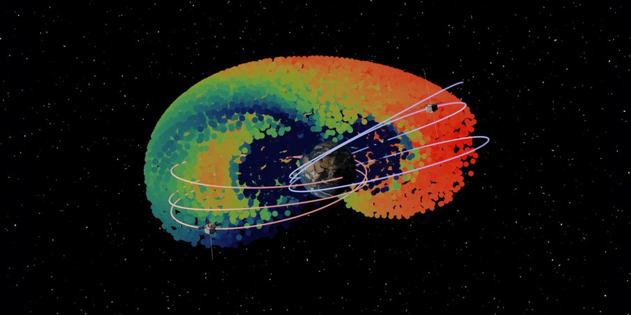Schematische Darstellung des Ringstroms im Weltraum: Ein halber Donut aus bunten Punkten umgibt die Erde; Hintergrund schwarz mit hellen Punkten..