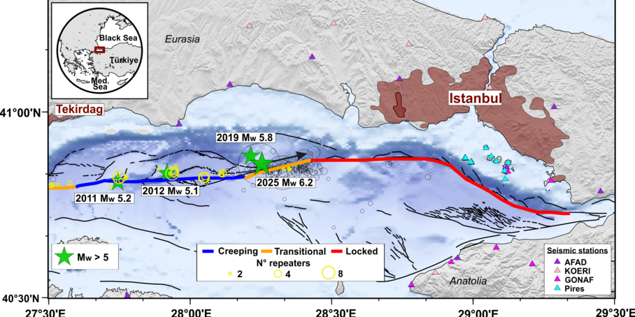 Map showing a marine area. Stars and circles mark various earthquakes. Coloured lines indicate different areas of a seismic fault zone.