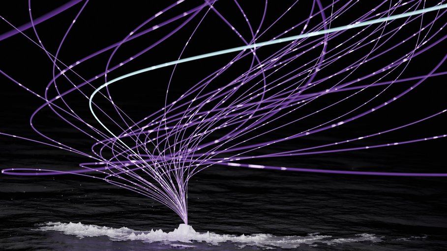 The image shows the trajectories of charged particles in the Earth's magnetic field above South Georgia Island (Spanish: Isla San Pedro) in the South Atlantic.