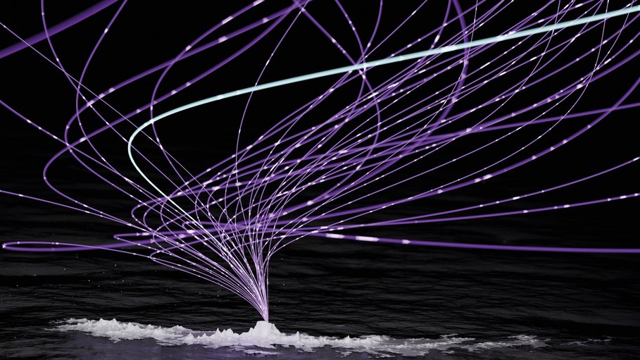 Die Abbildung zeigt die Bahn geladener Teilchen im Erdmagnetfeld über der Insel South Georgia (span. Isla San Pedro) im Südatlantik.