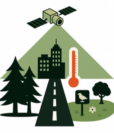 Project logo: satellite, fir trees, street, house, thermometer, bird