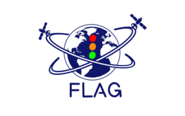 Projektlogo von FLAG. Erde, die von 2 Satelliten umkreist wird. Vor der Erde ist eine Ampel sichtbar