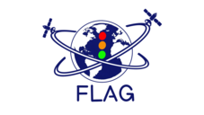 Projektlogo von FLAG. Erde, die von 2 Satelliten umkreist wird. Vor der Erde ist eine Ampel sichtbar