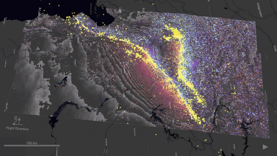 Extent of the earthquake on the Turkish-Syrian border and ground deformation measured by ESA's Sentinel-1 satellite.