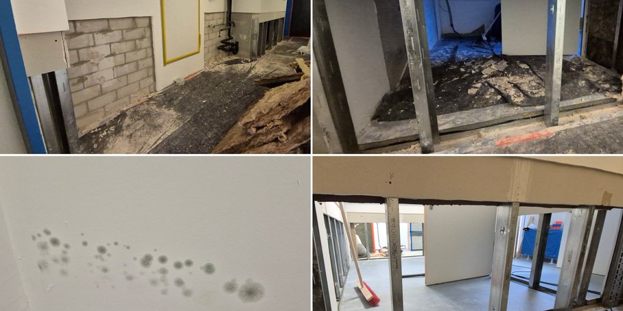 Bild 2: Der untere Teil der Rigipswand wurde entfernt und die bereits schimmelnde Dämmung in den Trockenbauwänden ersetzt.