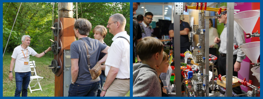 Links: Menschen an einem hölzernen Mast. Rechts: Technischer Aufbau auf einem Tisch.