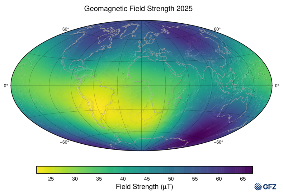 Field strength of the main field at the Earth's surface for 2025 (IGRF14)