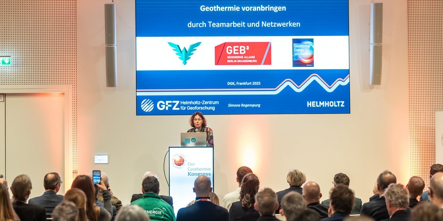 A woman stands at a lectern and gives a presentation. In the background, the title slide of the presentation is shown on a large screen: text with logos. In the foreground is the audience.