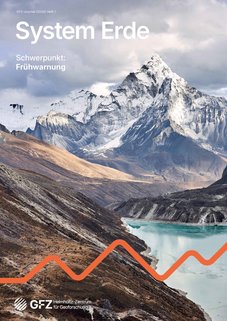 Lake Chola near Ama Dablam, a mountain in Nepal, serves as an example of a scenario that can trigger a flash flood. For more information, see the article by Hovius et al. in this issue, p. 24 ff. Photo: Zoonar/marepics/Alamy