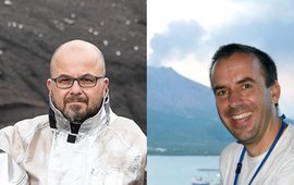 On the left, a man in portrait in a silver protective suit in front of a grey mountain. On the right, a man in a portrait by the water in front of a smoking volcano.