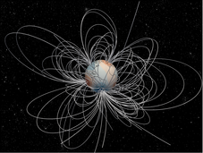 Darstellung der Feldlinien des geomagnetischen Feldes während der Laschamps-Exkursion (vor 41.000 Jahren)