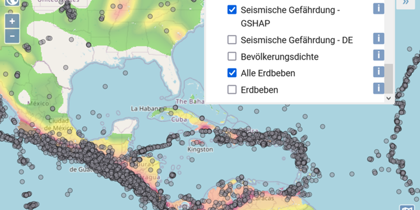 Karte von Indonesien mit Filter oben rechts zur Eingrenzung von Erdbebenzeiträumen.