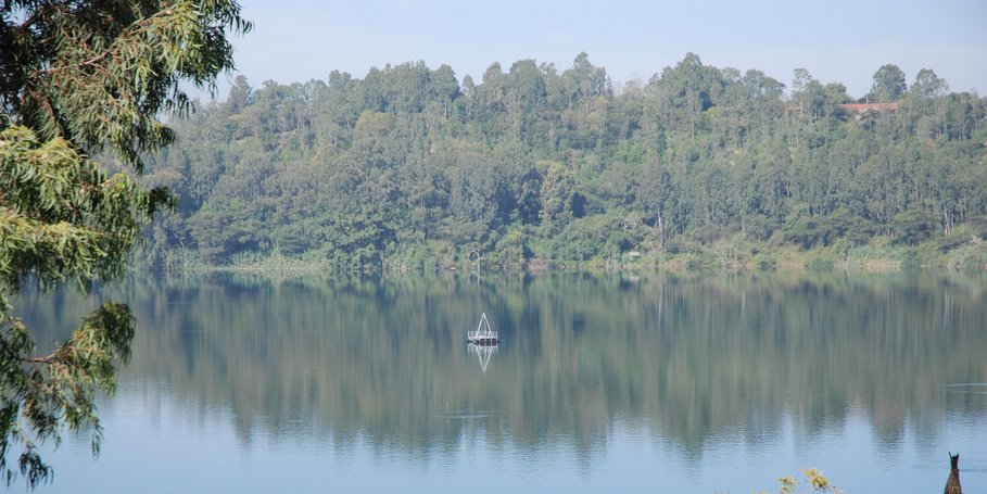 View of Lake Babogaya with coring platform, Ethiopia