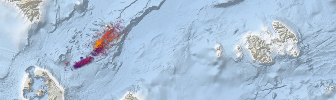 Karte vom Mittelmeer mit Inseln und vielen Punkten, die Erdbeben symbolisieren.