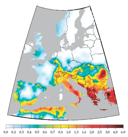 Karte der seismischen Gefährdung für Europa basierend auf der hybriden quellzonenfreien Methodik (Spitzenbodenbeschleunigung PGA in ms<sup>-2</sup> mit 10% Überschreitenswahrscheinlichkeit in 50 Jahren)