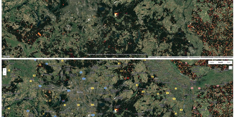 Two satellite images of a landscape featuring many small patches in various shades of green. Above is an image without labels, and below is one with labels for streets and places. On the images there are splashes of white, yellow, orange and red, which are much more frequent and denser on the eastern side of the image – in Poland.