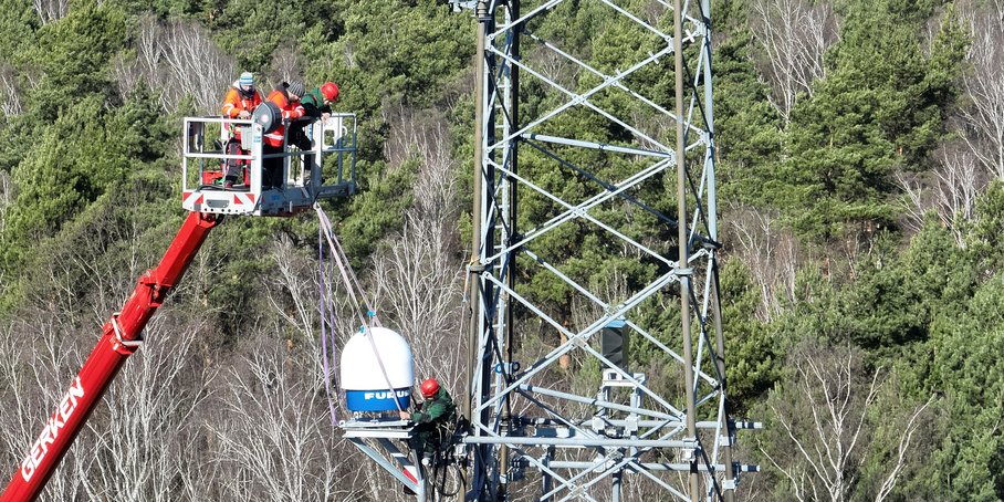 near view of a radio tower in a wooded landscape
