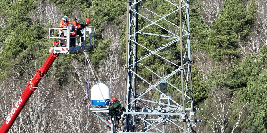 Nah-Ansicht Funkturm in Waldlandschaft