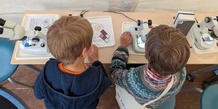 Zwei Kinder mikroskopieren