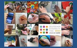 Collage aus Fotos: Abgebildet sind diverse Hände mit einer Geste oder einem Werkzeug, das für die Arbeit und das Engagement am GFZ typisch ist.