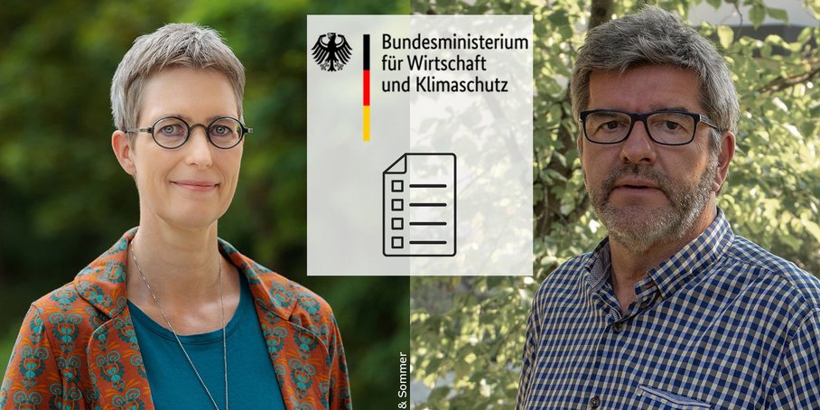 Two profile photos and in between the logo of BMWK and a symbol image for a text document.