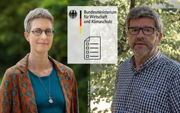 Two profile photos and in between the logo of BMWK and a symbol image for a text document.