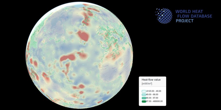 A circular section of the world map with bright red, green and blue areas. On the left is America with lots of small green dots; in the centre is the Atlantic Ocean with scattered small green dots; on the right are Europe, Africa and Asia with a high density of small green dots.