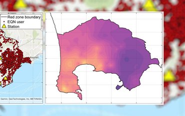 Excerpt from a map of the Phlegraean Fields near Naples, Italy: Left: Red dots mark smartphone sensors, yellow triangles mark fixed seismological stations. Right: The area is coloured in shades of yellow, red and purple according to the amplification of seismic waves.