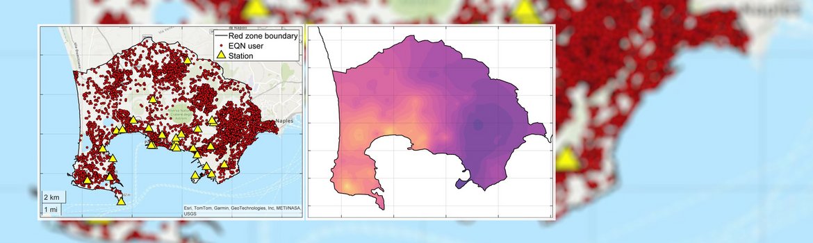 Ausschnitt einer Landkarte der Phlegräischen Felder neben Neapel in Italien: Links: Rote Punkte markieren Smartphone-Sensoren, gelbe Dreiecke die festen seismologischen Stationen. Rechts: die Gegend ist in Gelb-Rot-Violett-Tönen gefärbt, gemäß der Verstärkung seismischer Wellen.