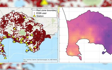 Ausschnitt einer Landkarte der Phlegräischen Felder neben Neapel in Italien: Links: Rote Punkte markieren Smartphone-Sensoren, gelbe Dreiecke die festen seismologischen Stationen. Rechts: die Gegend ist in Gelb-Rot-Violett-Tönen gefärbt, gemäß der Verstärkung seismischer Wellen.