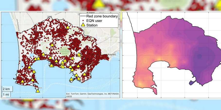 Ausschnitt einer Landkarte der Phlegräischen Felder neben Neapel in Italien: Links: Rote Punkte markieren Smartphone-Sensoren, gelbe Dreiecke die festen seismologischen Stationen. Rechts: die Gegend ist in Gelb-Rot-Violett-Tönen gefärbt, gemäß der Verstärkung seismischer Wellen.