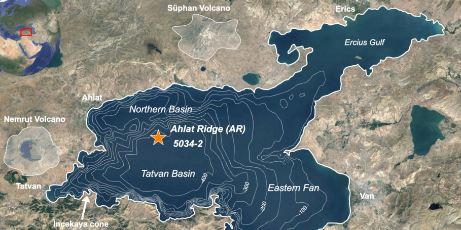 Lage der Vulkane Nemrut und Süphan am Van See und die Lage des ICDP-Kerns PALEOVAN 5034-2, Ahlat-Rücken.