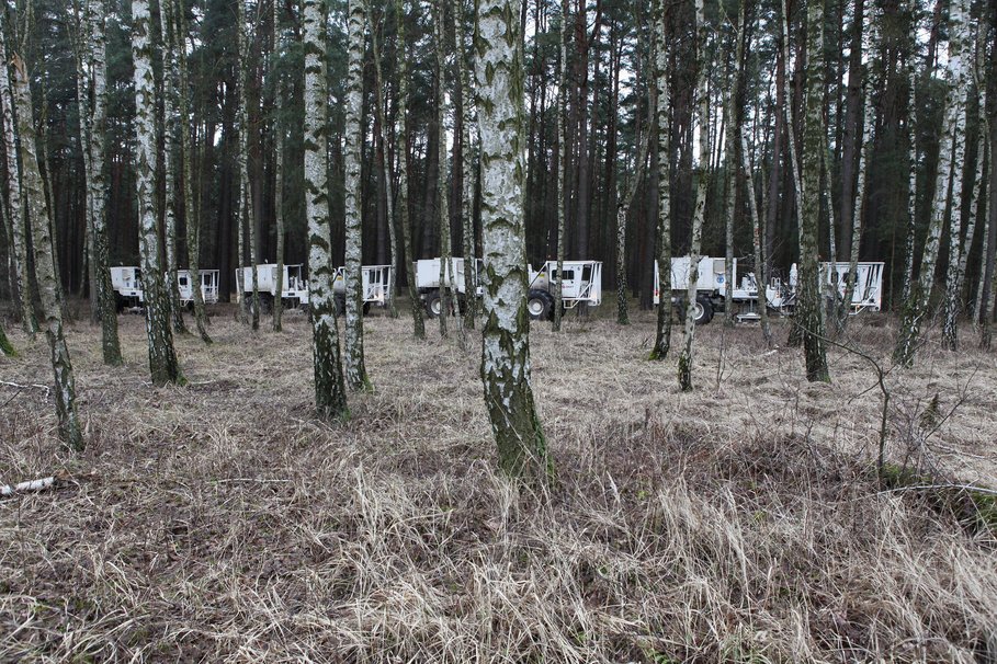 Vier 21 Tonnen schwere Vibrationsfahrzeuge fahren  Anregungslinien im Waldgebiet der Schorfheide ab (© O. Gabriel)