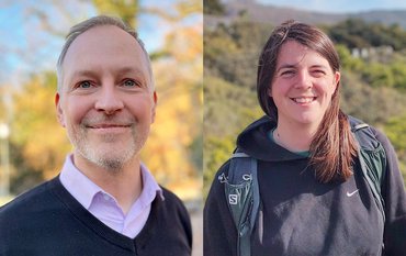 Zwei Porträtfotos: ein Mann (links) mit Pullover und Hemdkragen vor herbstlichen Bäumen; rechts eine Frau mit langem Haar vor einer Landschaft.