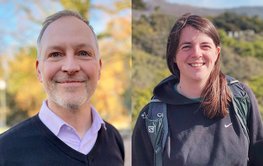 Zwei Porträtfotos: ein Mann (links) mit Pullover und Hemdkragen vor herbstlichen Bäumen; rechts eine Frau mit langem Haar vor einer Landschaft.