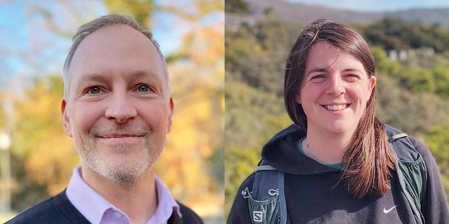 Zwei Porträtfotos: ein Mann (links) mit Pullover und Hemdkragen vor herbstlichen Bäumen; rechts eine Frau mit langem Haar vor einer Landschaft.