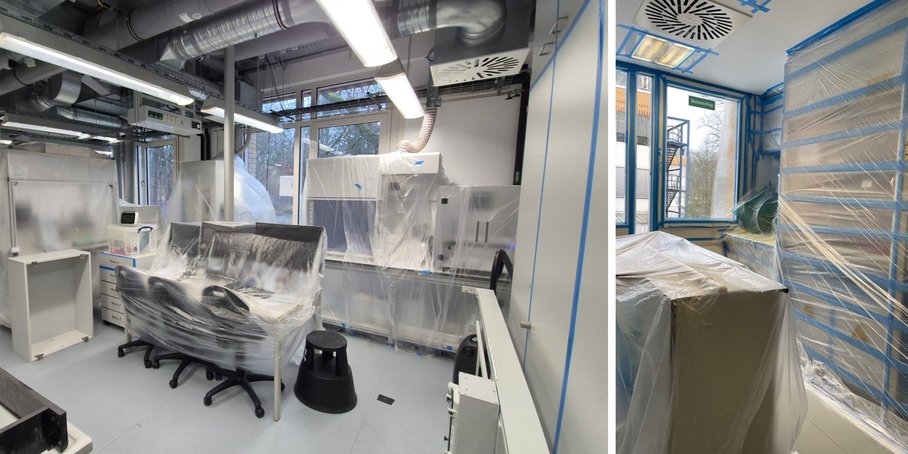 Bild 3: Vorbereitung für die bevorstehenden Arbeiten. Die Geräte wurden zum Schutz vor Staub und Dreck sorgfältig in Folie gepackt