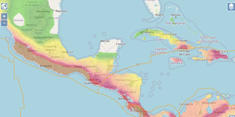 Karte von Indonesien als Beispiel für die Nutzung verschiedener Farbsysteme für die Seismische Gefährdung