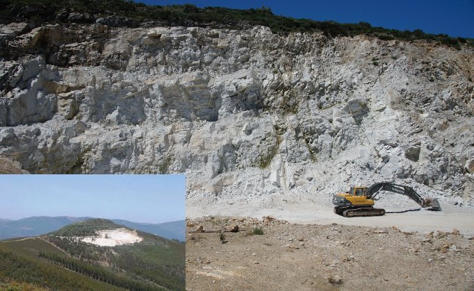Extrem fraktionierter Granit (Albit+Quarz+Glimmer) angereichert an Li, Be, Sn, F, P, Rb, Cs, Argemela, Portugal.