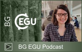 Links: Logo des neuen Podcasts der EGU-Sektion Biogeowissenschaften. Rechts: Portraitfoto einer jungen Frau mit schulterlangen dunklen Haaren, dunkler Brille und karierter Bluse. Sie lacht.