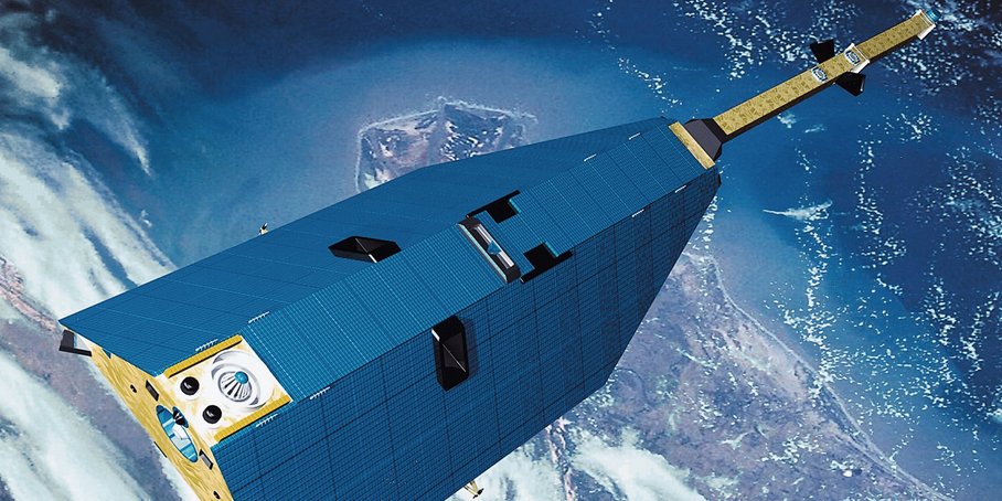 View of Earth from space. An angular satellite with a long, thin arm flies around Earth.