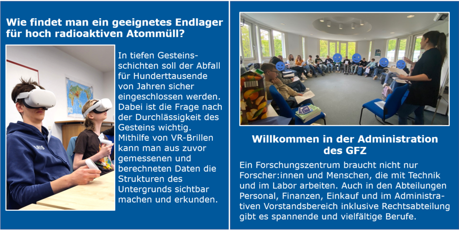 Links: Zwei Jugendliche sitzen mit VR-Brillen. Rechts: Eine Gruppe Schüler:innen sitzt auf Stühlen im Kreis.