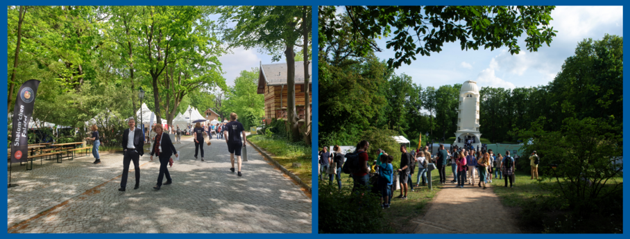 Rechts: Zwei Personen laufen auf dem Weg zwischen Ständen und grünen Bäumen. Rechts: Der Einsteinturm, davor viele Menschen und Biergartenatmosphäre.