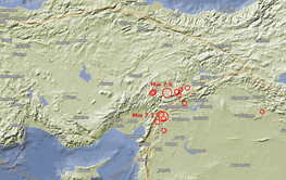 Karte Südosten der Türkei mit markierten Erdbeben