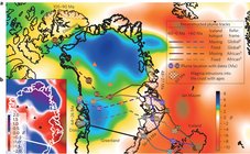 Fig. 2 Geophysical data indicating lithosphere anomalies beneath Greenland. a, S-wave velocity model for a portion of the North Atlantic region at 120 km depth, color-mapped for percentage velocity anomaly. Areas of hotspot-related magmatism are hatched and labelled by age. Reconstructions of the path of the Iceland hotspot are shown as continuous lines for 0–60 Ma and dashed lines before 60 Ma. B, P-wave velocity model of the circum-Arctic region shown for north-central Greenland at 150 km depth, color-mapped for percentage velocity anomaly. Black and orange triangles mark the ice core and bedrock borehole locations. (Rogozhina et al., 2016)