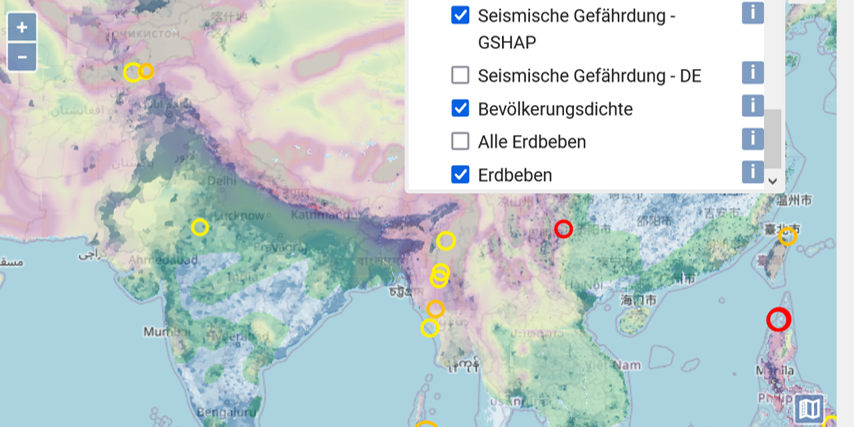 Karte von Zentralasien mit Filter zur Eingrenzung der Bevölkerungsdichte.