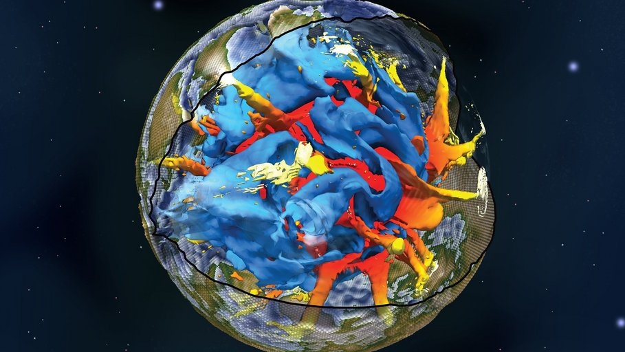3-dimensionales Modell des Erdinneren in verschiedenen Farben.