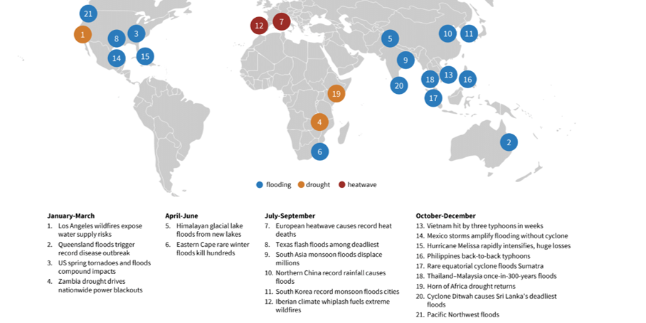 Map with major flood, drought and heatwave events