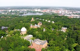 Bewaldetes Gebiet mit historischen Gebäuden