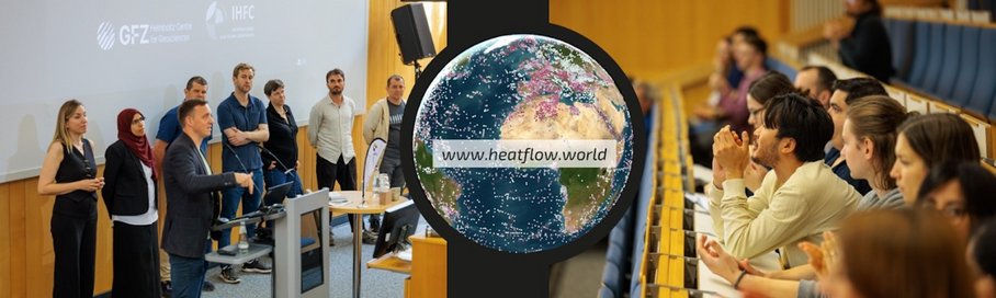 Left: Eight people stand in the front of a lecture hall, one is talking to the audience. Right: One row of audience in the lecture hall. In the Middle: Picture of the World with Atlantic Ocean and Africa plus Europe. Lots of dots mapped. www.heatflow.world is written on it.